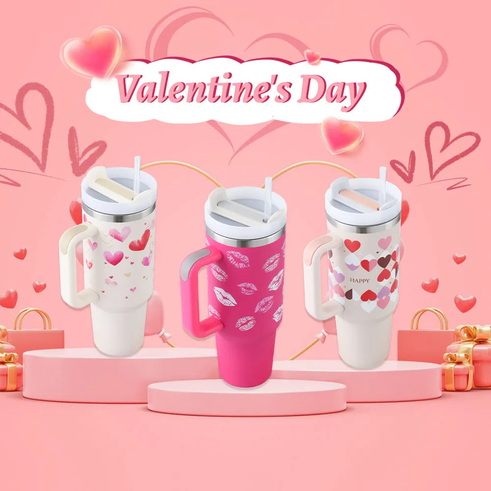 40 Oz Tumbler With Handle Straw Insulated, Stainless Steel Spill Proof Vacuum Coffee Cup Tumbler With Lid Tapered Mug Gifts For Valentine Lover Suitable For Car Gym Office Travel